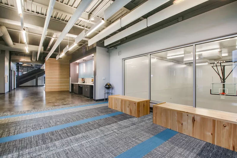 Corporate office with basketball court.